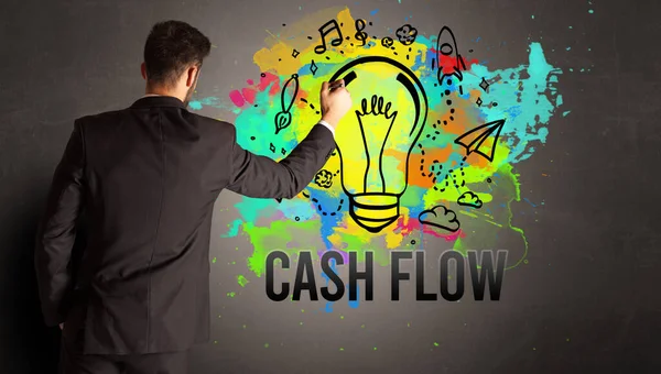 Επιχειρηματίας Σχέδιο Πολύχρωμο Λαμπτήρα Cash Flow Επιγραφή Υφή Τσιμεντένιο Τοίχο — Φωτογραφία Αρχείου