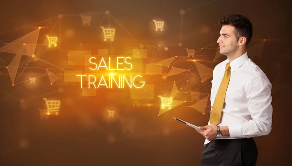 Affärsman Med Kundvagn Ikoner Och Försäljning Training Inskription Online Shopping Stockbild