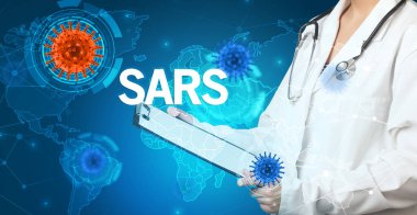 Doktor tıbbi kayıtları SARS yazıtları ve viroloji konseptiyle dolduruyor.