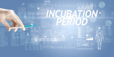 Virüs aşısı ile şırınga iğnesi ve INCUBATION PeriOD yazıt, panzehir konsepti
