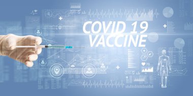 Virüs aşısı ve COVID ile şırınga iğnesi 19 VACCINE yazıtları, panzehir konsepti