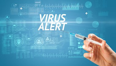 Virüs aşısı ve VIRUS ALERT yazıtlı şırınga iğnesi, panzehir konsepti