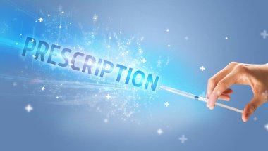 Şırınga, elinde prescRIPTION yazısıyla tıbbi enjeksiyon, tıbbi panzehir konsepti