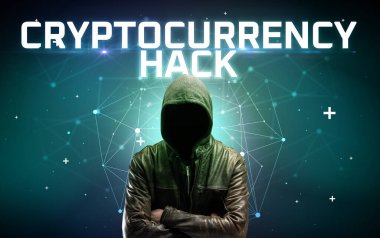 CRYPTOCURRENCY Hackleme yazıtlı gizemli hacker, çevrimiçi saldırı kavramı yazıt, çevrimiçi güvenlik kavramı