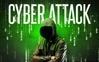 CYBER HATTACK yazıtları, hackleme konsepti olan yüzsüz hacker