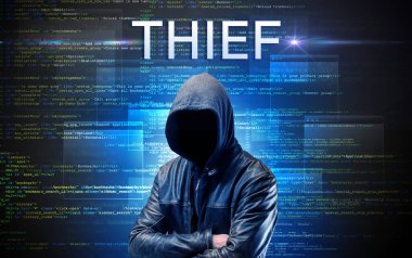 İkili kod arka planında THIEF yazısıyla yüzsüz hacker