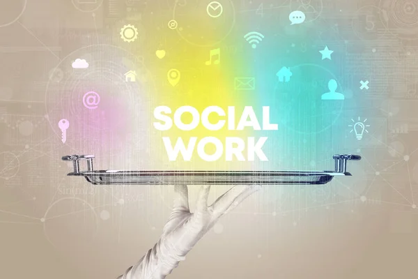 Cameriere Servizio Del Social Networking Con Iscrizione Social Work Nuovo — Foto Stock