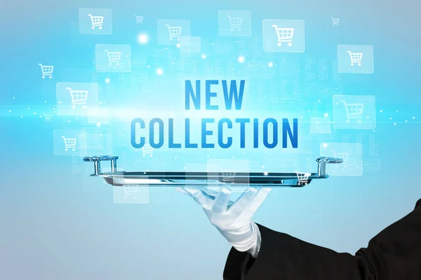 Kelner Obsługujący Nowy Napis Collection Koncepcja Zakupów Online — Zdjęcie stockowe