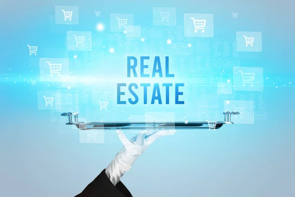 Garçom Servindo Inscrição Real Estate Conceito Compras Line — Fotografia de Stock