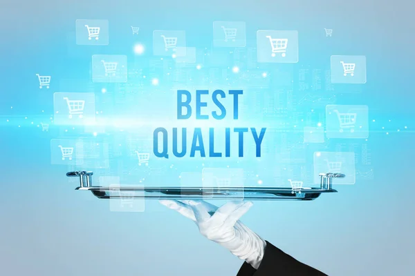 Číšník Servírující Nejlepší Nápis Kvality Koncept Nakupování Online — Stock fotografie