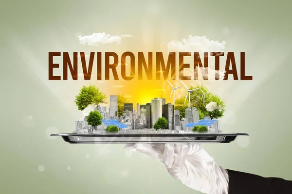 Kellner Serviert Öko Stadt Mit Umweltinschrift Erneuerbare Energien Konzept — Stockfoto