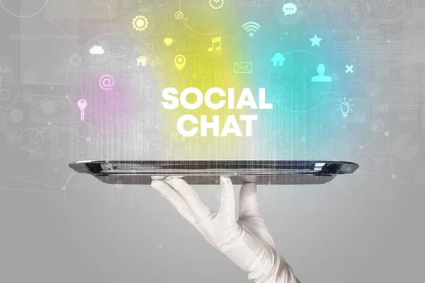 Σερβιτόρος Κοινωνικής Δικτύωσης Επιγραφή Social Chat Έννοια Νέων Μέσων Ενημέρωσης — Φωτογραφία Αρχείου