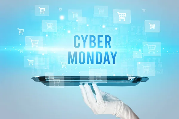 Waiter Serving Cyber Monday Inscription Online Shopping Concept — Stock Photo, Image