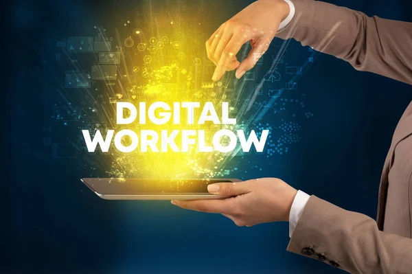 用Digital Workflow登记 创新技术概念的触摸屏的特写 — 图库照片