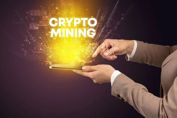 Close Van Een Touchscreen Met Crypto Mining Inscriptie Innovatief Technologie — Stockfoto