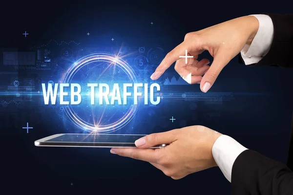 Detailní Záběr Dotykového Displeje Nápisem Web Traffic Koncept Nové Technologie — Stock fotografie