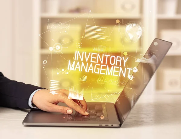 Side View Business Person Working Laptop Inventory Management Inscription Modern — Stock Photo, Image