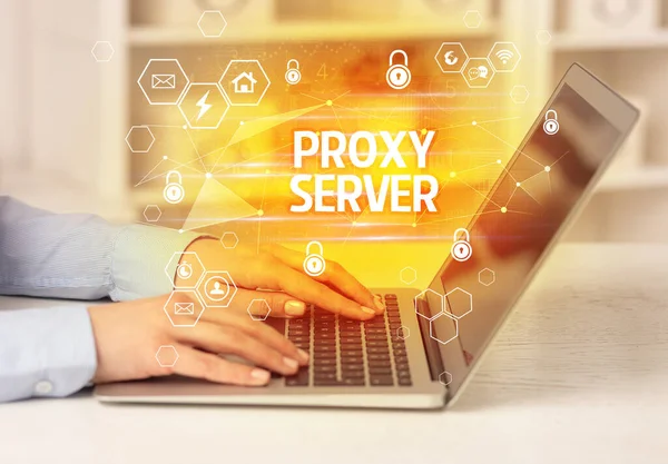 Inscription Proxy Server Sur Ordinateur Portable Concept Sécurité Internet Protection — Photo