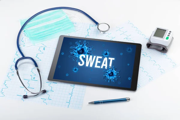 Tablet Lékařské Nástroje Bílém Povrchu Nápisem Sweat Pandemický Koncept — Stock fotografie