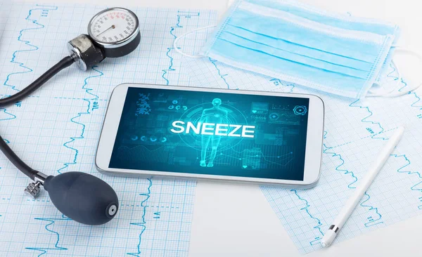 Tablet Doctor Tools Sneeze Inscription Coronavirus Concept — Stock Photo, Image