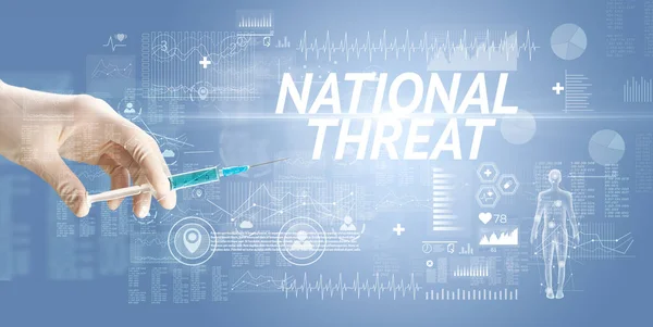 Шприц Вирусной Вакциной Национальной Надписью Угроза Концепция Противоядия — стоковое фото