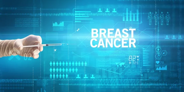 Крупный План Врачей Белой Перчатке Держащей Шприц Надписью Breast Cancer — стоковое фото