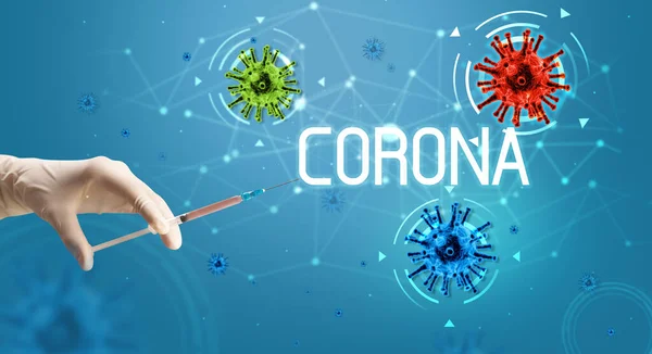 Spuit Medische Injectie Hand Met Corona Inscriptie Coronavirus Vaccin Concept — Stockfoto