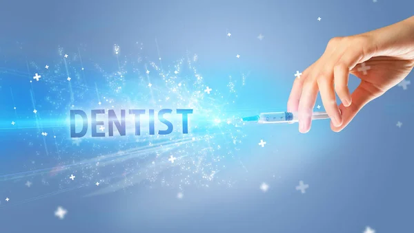 Spuit Medische Injectie Hand Met Dentist Inscriptie Medisch Antidoteconcept — Stockfoto