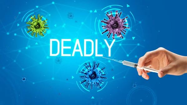 Spuit Medische Injectie Hand Met Dodelijke Inscriptie Coronavirus Vaccin Concept — Stockfoto