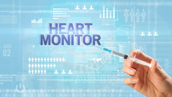 Widok Bliska Lekarzy Trzymających Strzykawkę Białą Rękawicą Napisem Heart Monitor — Zdjęcie stockowe