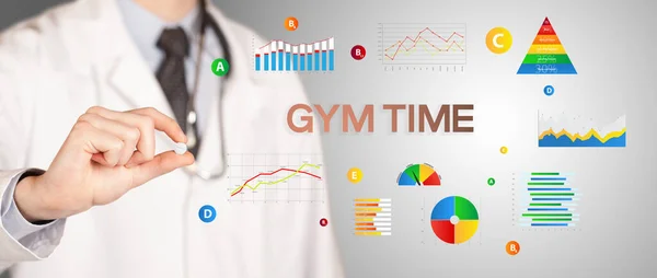 Táplálkozáskutató Neked Egy Tablettát Gym Time Felirattal Egészséges Életmód Koncepcióval — Stock Fotó