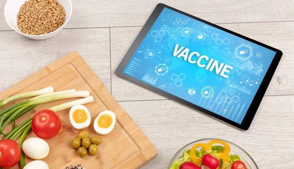 Gesunde Tablet Zusammensetzung Mit Vaccine Beschriftung Konzept Zur Stärkung Des — Stockfoto