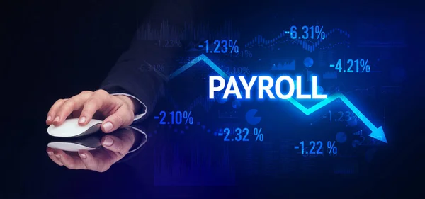 Mannelijke Hand Houden Draadloos Perifeer Met Payroll Inscriptie Modern Business — Stockfoto