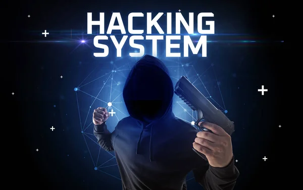 Mystisk Hacker Med Hacking System Inskription Online Attack Koncept Inskription — Stockfoto