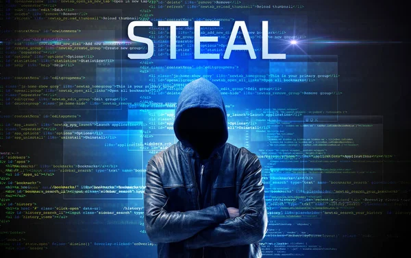 Pirata Informático Sin Rostro Con Inscripción Steal Fondo Código Binario — Foto de Stock