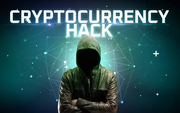 Таємничий Хакер Написом Cryptocurrenty Hack Напис Концепції Онлайн Атаки Концепція — стокове фото