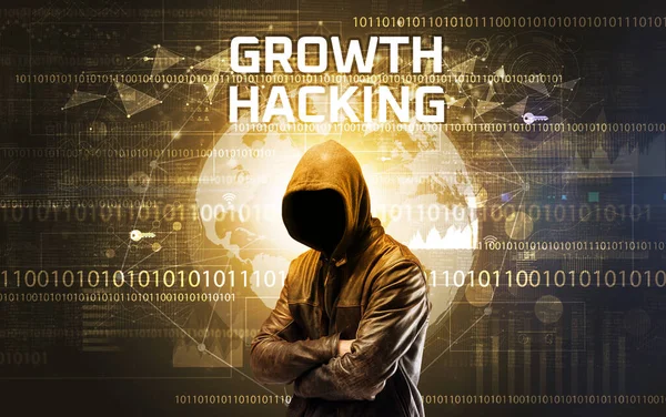 stock image Faceless hacker at work with GROWTH HACKING inscription, Computer security concept