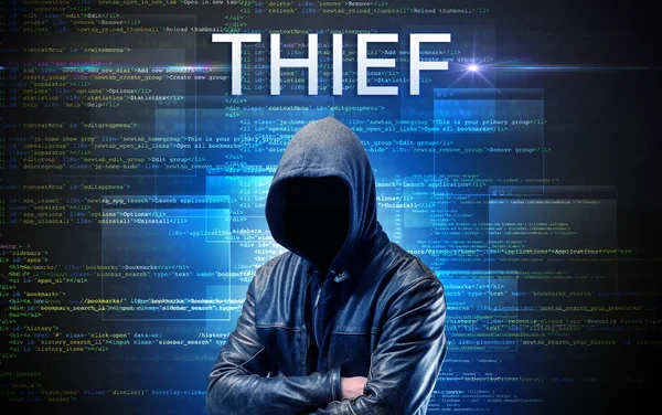 Hacker Sem Rosto Com Inscrição Thief Fundo Código Binário — Fotografia de Stock