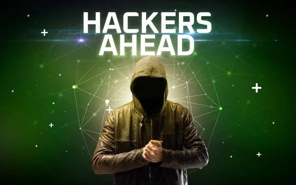 Mystérieux Hacker Avec Inscription Hackers Ahead Inscription Concept Attaque Ligne — Photo