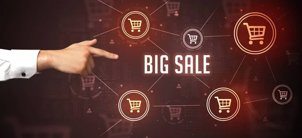Close Cropped Hand Pointing Big Sale Inscription Online Shopping Concept — Stock Photo, Image
