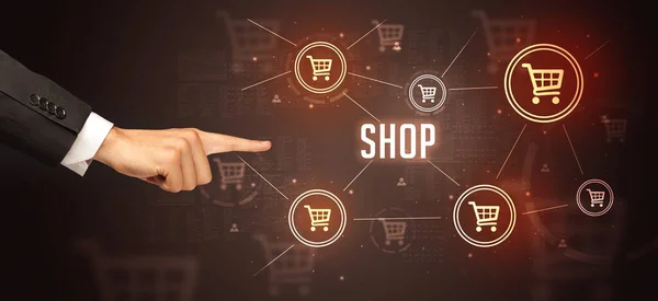 Крупный План Обрезанной Руки Указывающий Надпись Shop Концепцию Покупок Интернете — стоковое фото