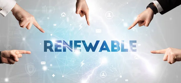 Zeigt Die Hand Auf Renewable Inschrift Modernes Technologie Konzept — Stockfoto