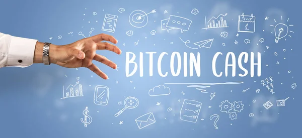 Nahaufnahme Der Abgeschnittenen Hand Die Auf Die Aufschrift Bitcoin Cash — Stockfoto