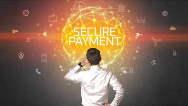 Vista Posteriore Uomo Affari Con Iscrizione Secure Payment Concetto Sicurezza — Foto Stock