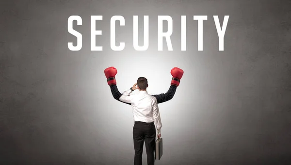 Hátsó Nézet Egy Üzletember Biztonsági Felirattal Kiberbiztonsági Koncepció — Stock Fotó