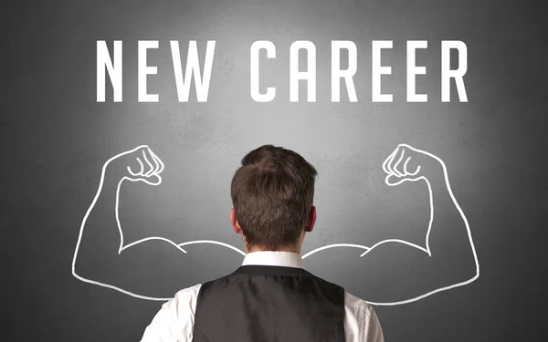 Achteraanzicht Van Een Zakenman Met Nieuwe Career Inscriptie Krachtig Business — Stockfoto