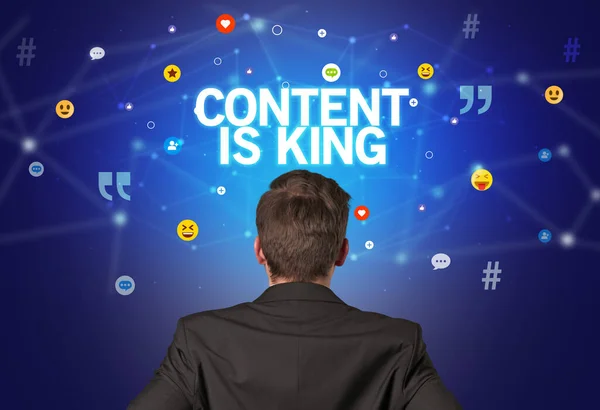 Rear View Businessman Content King Inscription Social Networking Concept — Stock Photo, Image
