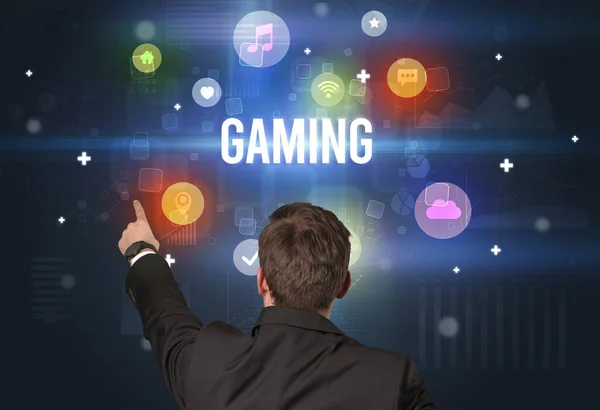 Vista Trasera Hombre Negocios Con Inscripción Gaming Concepto Tecnología Moderna —  Fotos de Stock