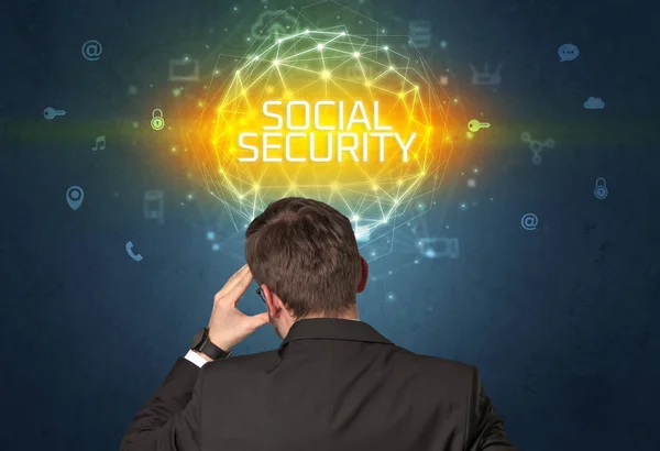 Вид Сзади Бизнесмена Надписью Social Security Концепция Онлайн Безопасности — стоковое фото