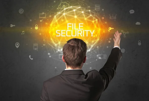 Vista Posteriore Uomo Affari Con Iscrizione File Security Concetto Sicurezza — Foto Stock